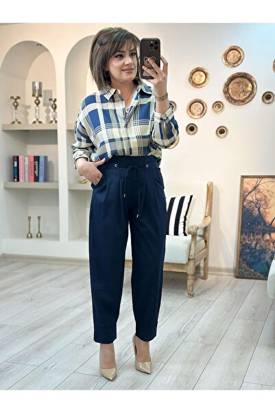 MELTEM TUĞAN Pleated Detail Elastic Waist Carrot Pants Dark Blue