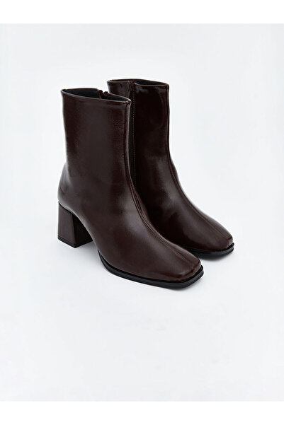 LC Waikiki Burgundy Leather-Look Women's Heeled Boots