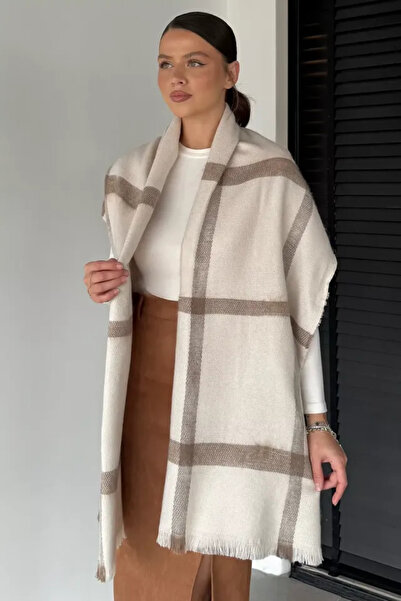 Verahed Ζεστό χειμωνιάτικο μαλακό υφήματος σάλι ώμου με φούντες μακρύ χνουδωτό λευκό καρό σάλι 175x70 εκ.