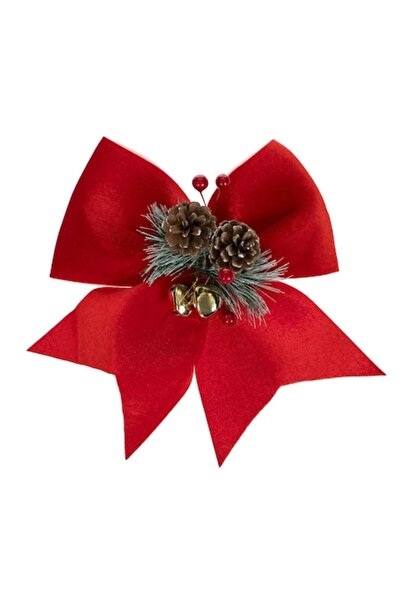 OEM Fundă decorativă de Crăciun din catifea roșie cu conuri de pin, clopoței ...