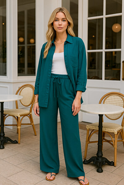 Rich Women's Petrol Blue High Waist Elastic Wide Leg Trousers-Multicolour 35