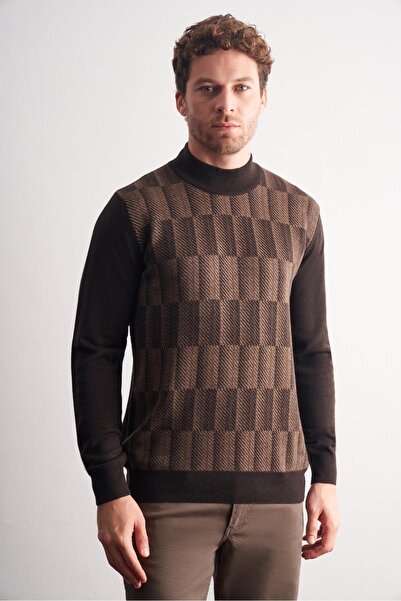 İmza Dark Brown Half Turtleneck Long Sleeve Pocketless Comfort Fit Cotton Knitwear Sweater 1012255212