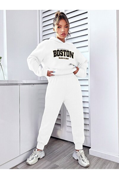 OVER HEAD Women's Boston Printed Oversized Hoodie Sweatshirt Jogger Bottom Top Tracksuit Set
