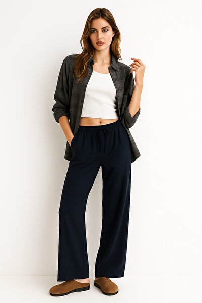 Rich Women's Navy Blue High Waist Elastic Wide Leg Trousers-Multicolour 18