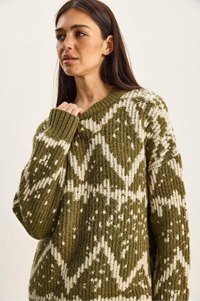 Bianco Lucci Women's Patterned Crew Neck Oversized Knitwear Sweater 60283826