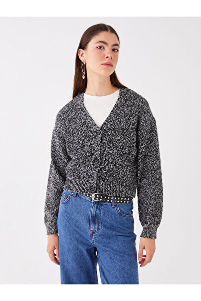 LC Waikiki Black V-Neck Patterned Women's Knitwear Cardigan