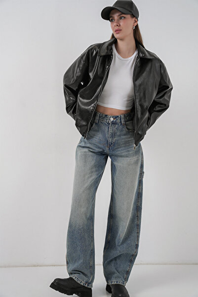 Bigdart Jachetă din piele artificială supradimensionat pentru femei 1049 - Negru