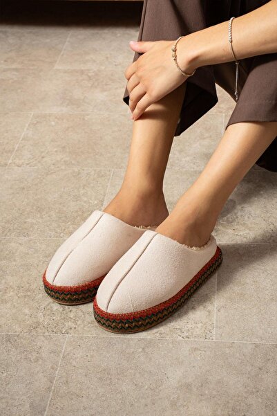 FUGA MODA Raffy Beige Suede Stitching Detailed Semi-Closed Silent Non-Slip St...