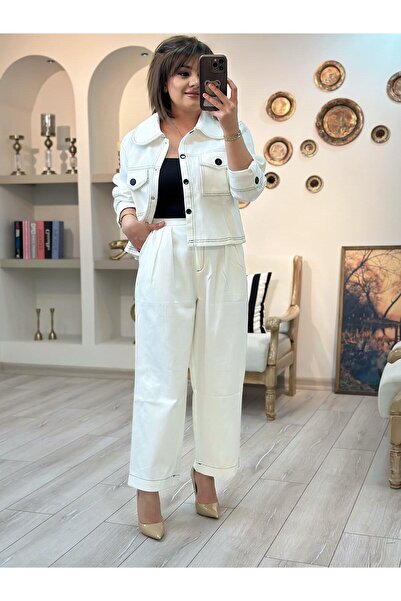MELTEM TUĞAN Buttoned Denim Pants Set White