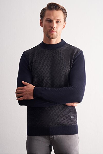 İmza Dark Navy Half Turtleneck Long Sleeve Pocketless Comfort Fit Cotton Knitwear Sweater 1012255222