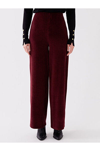 LC Waikiki Burgundy Standard Fit Wide Leg Velvet Women's Trousers