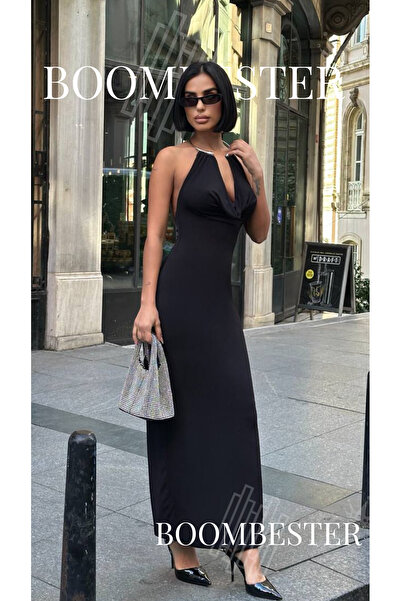 BoomBester Women's Black Backless Maxi Dress - Sandy Fabric Neck Ring Detail - Side Slit