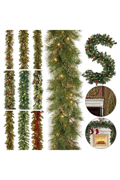 OEM Green bicolour Christmas tinsel with cones and berries, 3 m x 12 cm