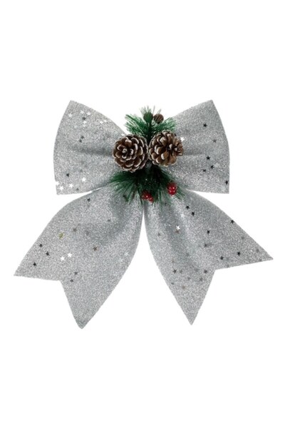 OEM Decorative Christmas Bow with Silver Glitter, Cones & Berries 25cm