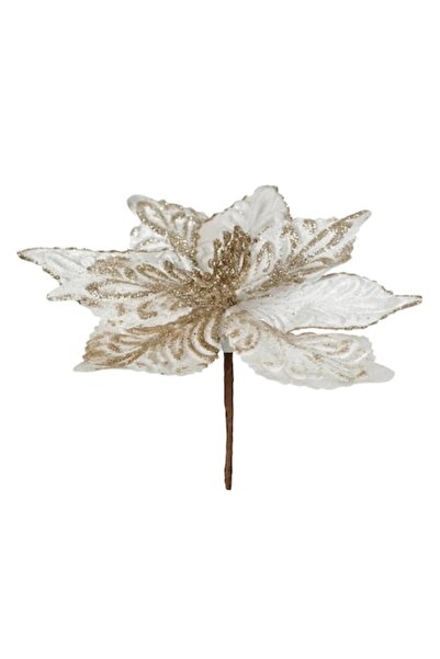 OEM Decorative Christmas Poinsettia White Velvet Gold Glitter 26cm