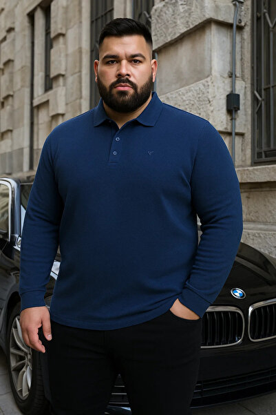 Maccali Men's Plus Size Winter Loose Indigo Polo Neck Sweater