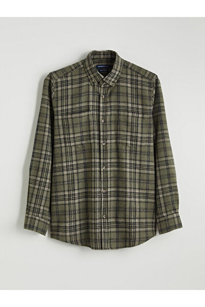 LC Waikiki Haki Regular Fit Uzun Kollu Ekose Erkek Gömlek