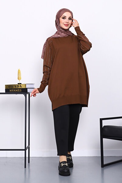 İmajButik Brown Crew Neck Stone Knit Tunic