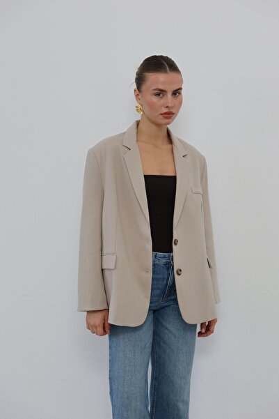 JASTE Women's Beige Button Detailed Oversize Blazer Jacket