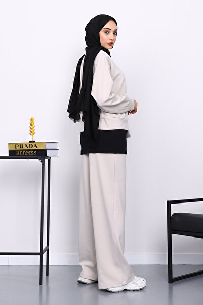 İmajButik Stone Crew Neck Rose Detailed Tunic Modal Suit with Trousers