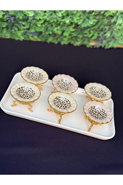 Hediye Köşkü 6lı Metal Ayaklı Leopar Desenli Cam Lokumluk, Sosluk, Reçellik