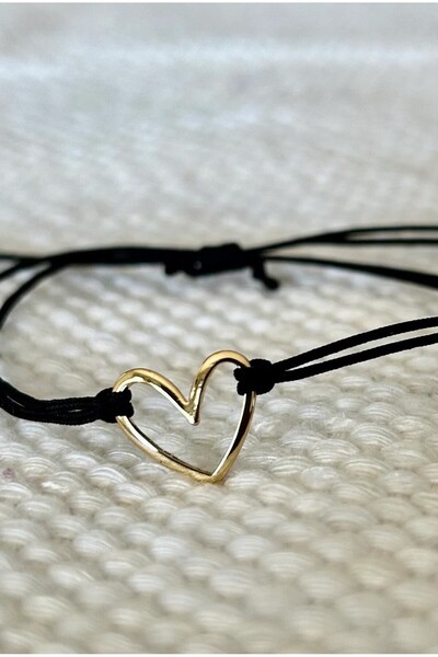 Siyah Kadın İçi Boş Kalp Objeli Siyah Renk Floş İpli Şans Bilekliği