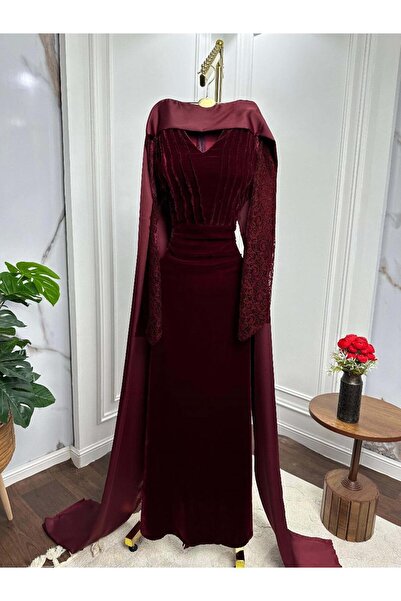 hind fashion Burgundy wool evening dress with a long shawl