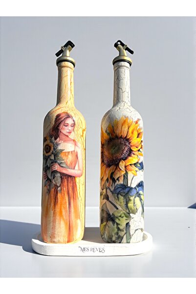 Mes Reves Handmade Cracked Patterned Glass Oil Pot Set – Sunflower and Woman Pattern, Kitchen Design, Decor