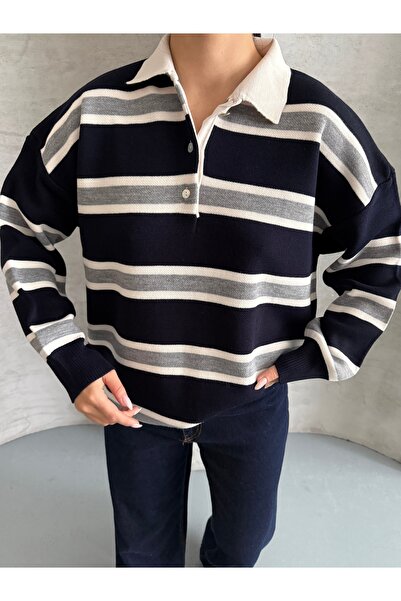 erki triko Shirt Collar Striped Oversized Knitwear Sweater