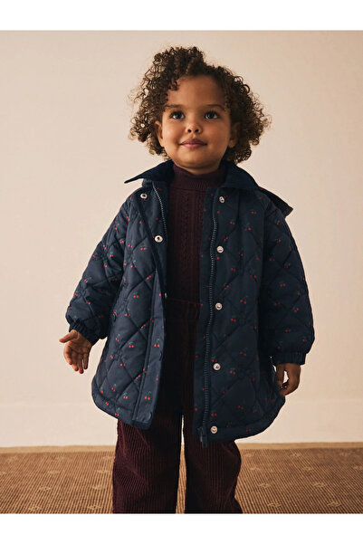 Next Baby Navy Blue Cherry - Waterproof Collar Embroidered Girl's Coat