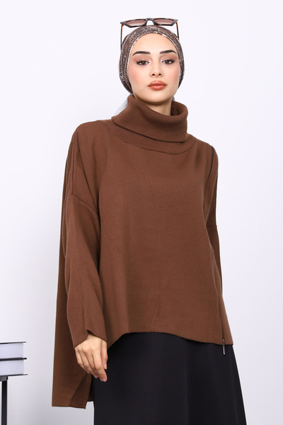 İmajButik Brown Turtleneck Zippered Knit Sweater