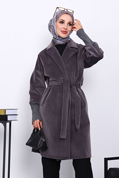 İmajButik Smoked Waist Belted Double Pocket Angora Coat