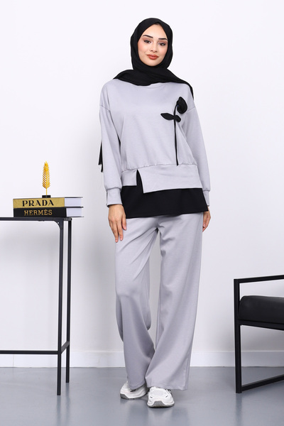 İmajButik Gray Crew Neck Rose Detailed Tunic Modal Set with Trousers