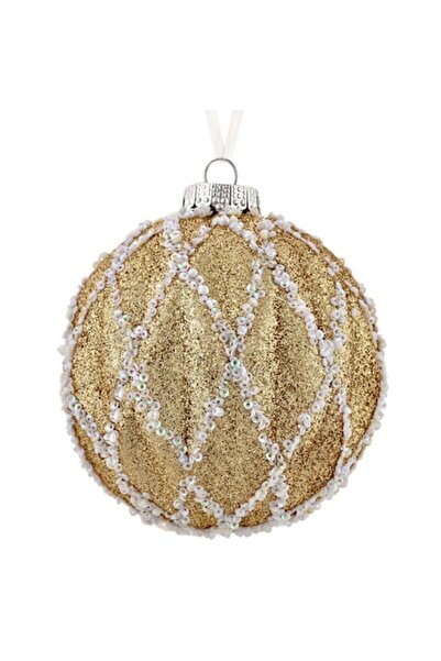 OEM Ornament de Crăciun pentru brad - glob bej șampanie cu sclipici și mărgel...