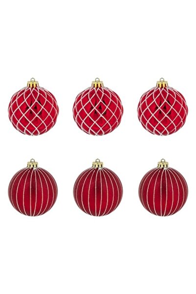 OEM Set de 6 globuri roșii de Crăciun cu linii albe, 2 modele, 8 cm