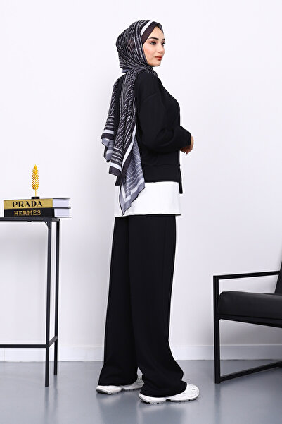 İmajButik Black Crew Neck Rose Detailed Tunic Modal Set with Trousers