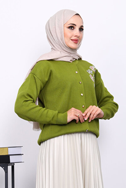 İmajButik Oil Green Embroidered Buttoned Knitwear Cardigan
