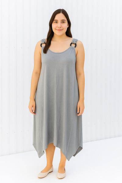metsawear Plus Size Gray Color Relaxed Fit Ring Strap Cotton Combed Dress