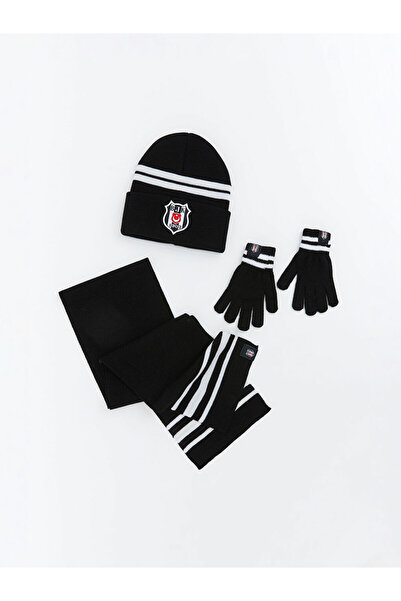 LC Waikiki Siyah Beşiktaş Baskılı Erkek Çocuk Atkı Bere Eldiven Takım