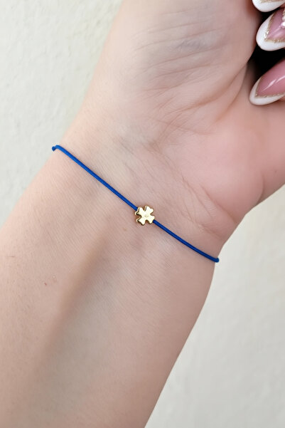 Siyah Kadın Yonca Objeli Mavi Renk Floş İpli Şans Bilekliği