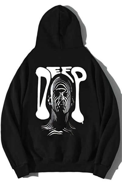 Rivox للجنسين قصة فضفاضة سويت شيرت أسود بغطاء رأس تصميم عميق مطبوع