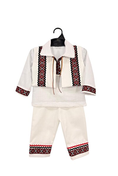 Kareea Costum Traditional cu vesta alba si broderie rosie ( 5 piese )