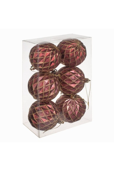OEM Set of burgundy Christmas baubles with embossed diamond pattern, matte & gold glitter, Ø8cm - 6 pcs
