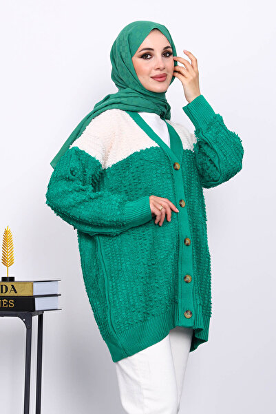 İmajButik Emerald Green V-Neck Buttoned Knitwear Cardigan