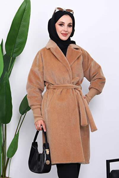 İmajButik Mink Belted Angora Coat with Double Pockets