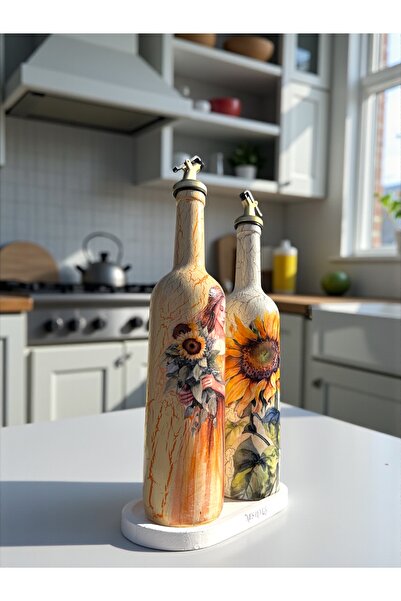 Mes Reves Handmade Cracked Patterned Glass Oil Pot Set – Sunflower and Woman Pattern, Kitchen Design, Decor