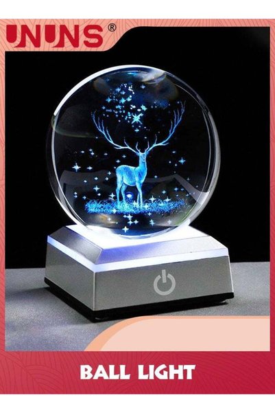 Generic 3D Elk Crystal Ball Night Light,Carved Glass Ball Lamps With LED Colo...