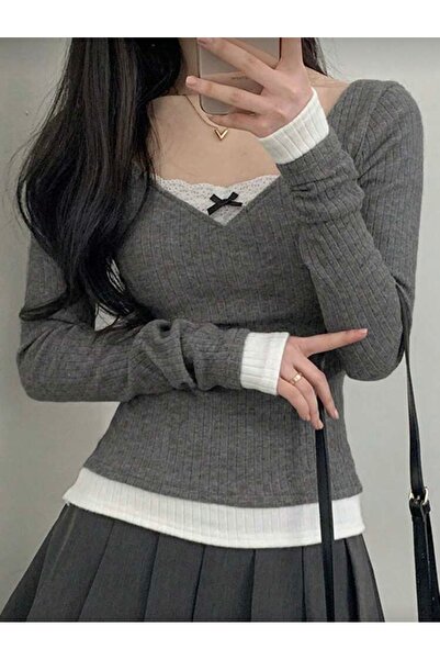 DarkellaStore Y2K Harajuku Ruffled Bow Long Sleeve Smoked Blouse