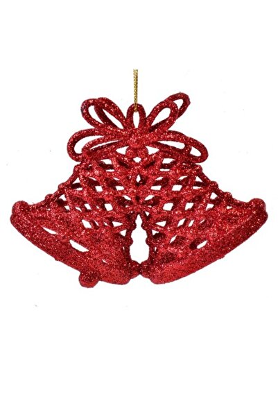OEM Set de 3 ornamente de Crăciun în formă de clopoțel roșu cu sclipici, 11 cm