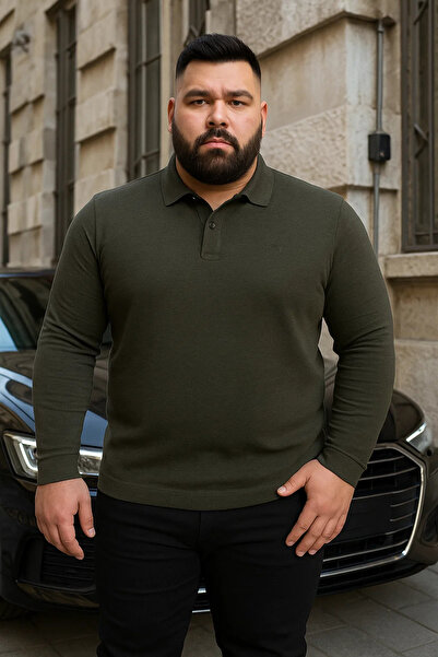 Maccali Men's Plus Size Winter Loose Khaki Polo Neck Sweater